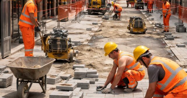 Operai al lavoro di domenica per la ripavimentazione di Corso Vittorio Emanuele Operai al lavoro di domenica per la ripavimentazione di Corso Vittorio Emanuele