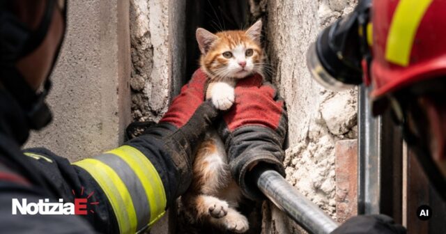 Vigili del Fuoco salvano un gattino intrappolato tra due edifici Vigili del Fuoco salvano un gattino intrappolato tra due edifici